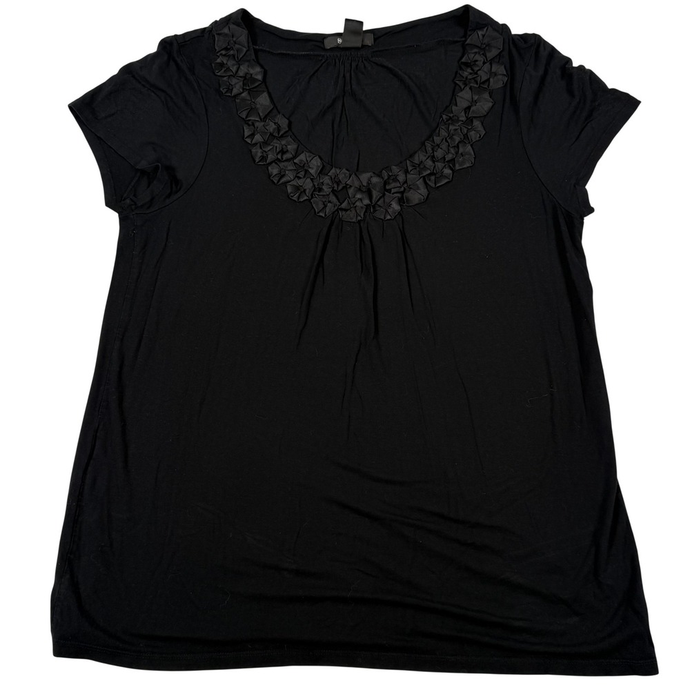 Minimalist Scoop Neck Top Large SS Rosette Ruffle Embellished Feminine Career